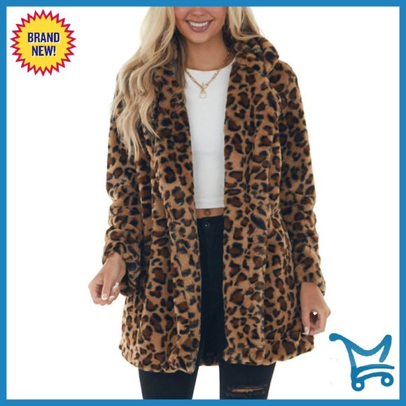 Women's Faux Fur Leopard Jacket with Pockets Open Front Long Sleeve